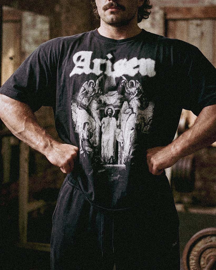 Black Arisen heavyweight Christian tee — resurrection design on black, Sinews